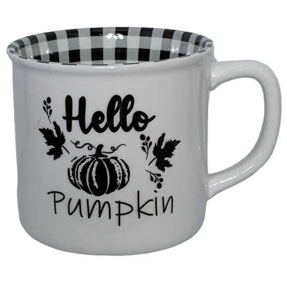 Bee Happy Market Boutique Other - Mug Hello Pumpkin Phrase Gingham Check Buffalo Plaid Accented Ceramic  16 OZ
